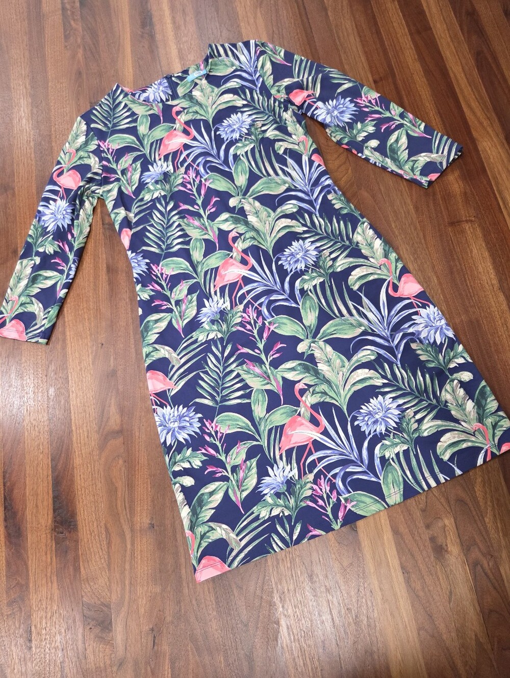 J. McLaughlin Navy Tropical Flamingo Print Dress Catalina Cloth Medium